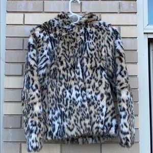 Cheetah/leopard print faux fur jacket with hood